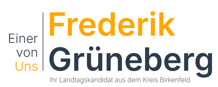 Frederik Grüneberg Logo mit dem Schriftzug „Einer von uns – Frederik Grüneberg, Ihr Landtagskandidat aus dem Kreis Birkenfeld“ in Orange und Dunkelblau.